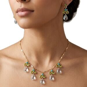 Light Blue Green Teardrop Crystal Necklace Earring Gold Tone Set 2028 Brand